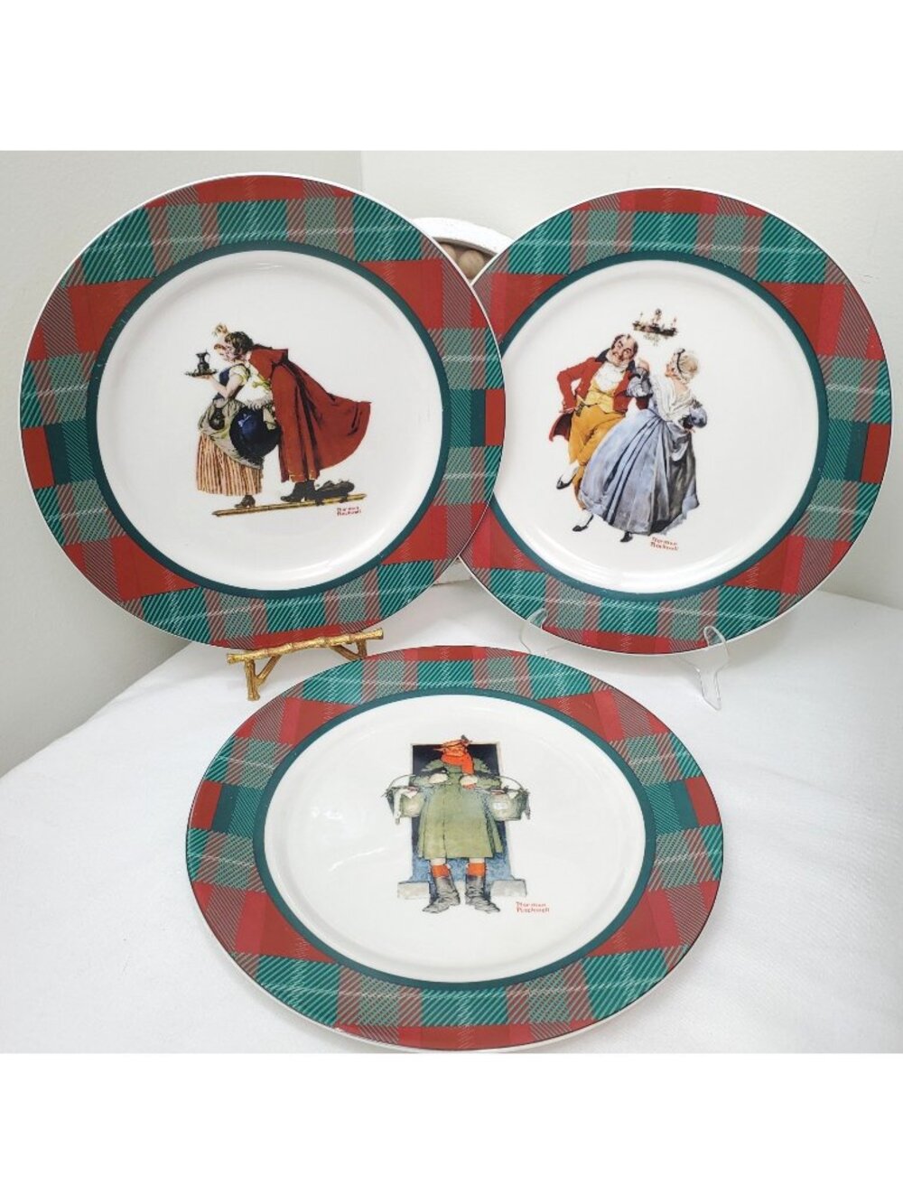 Norman Rockwell Dinner Plates Christmas Collector Display Lot Plaid Sat Eve Post